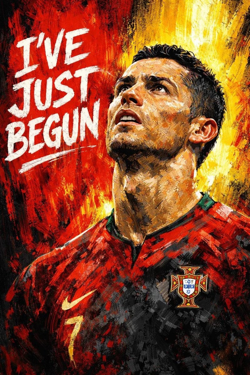 Dramatic, digital painting-style portrait of a male footballer looking