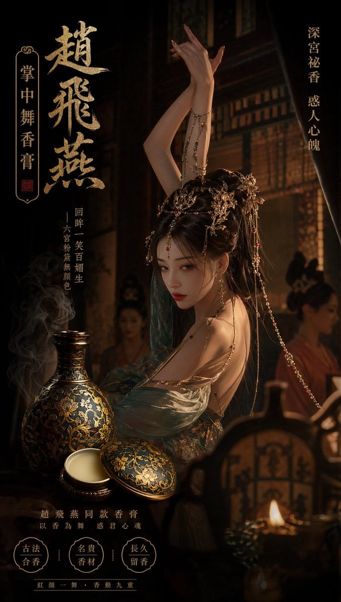 赵飞燕同款掌中舞香膏广告，错金缠枝莲铜瓶，冷艳诡谲深宫氛围感，竖屏9 16