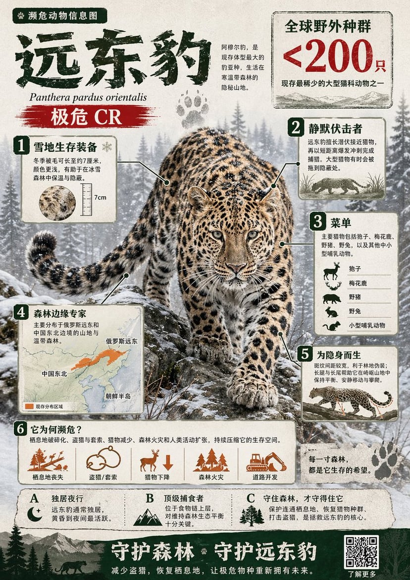 Visually rich infographic in Chinese about an endangered animal