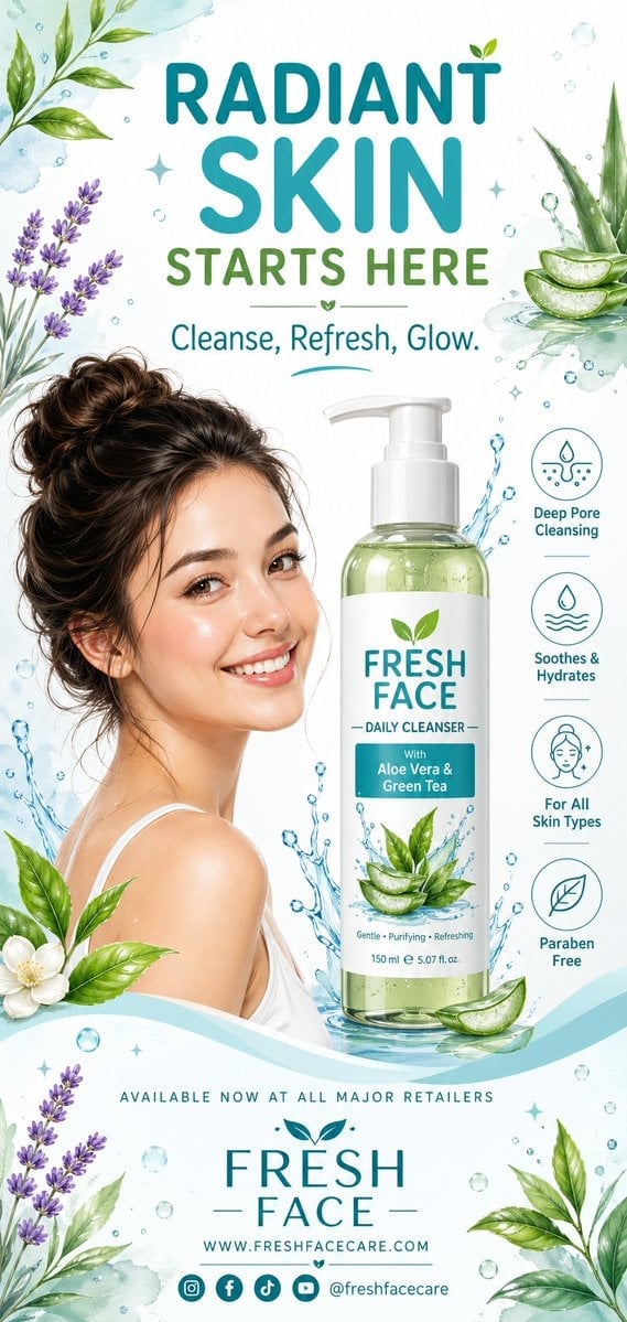 A clean, refreshing vertical advertising poster design for a face wash