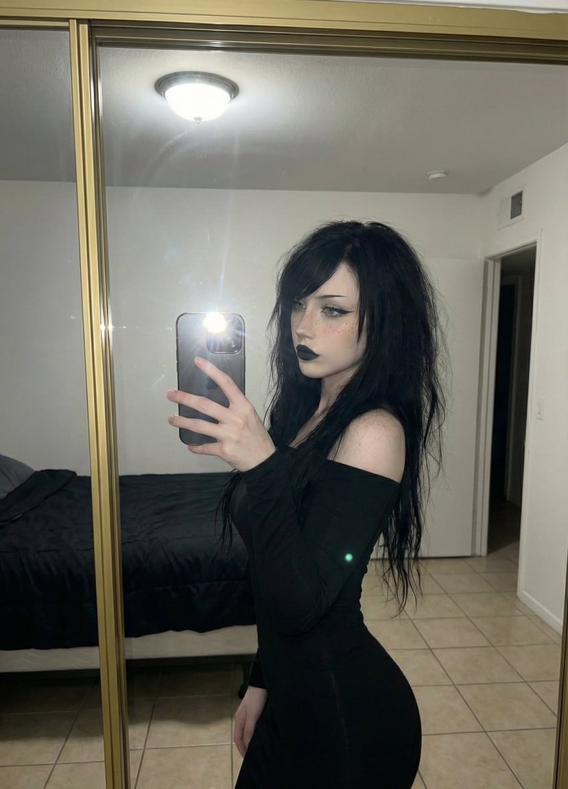 Goth-Glam Mirror Selfie with Flash Photography