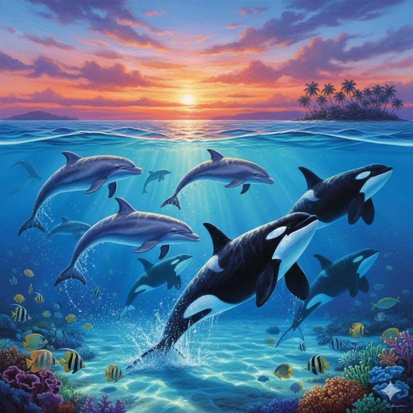 Lassen-style Painting with Dolphins and Orcas