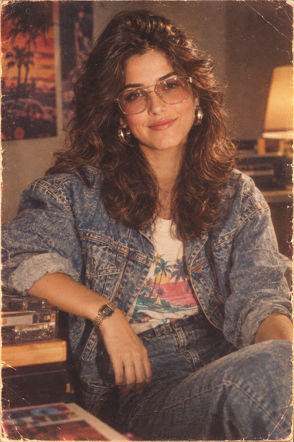 1986 studio portrait restage with period hair, warm tungsten light and 35mm grain