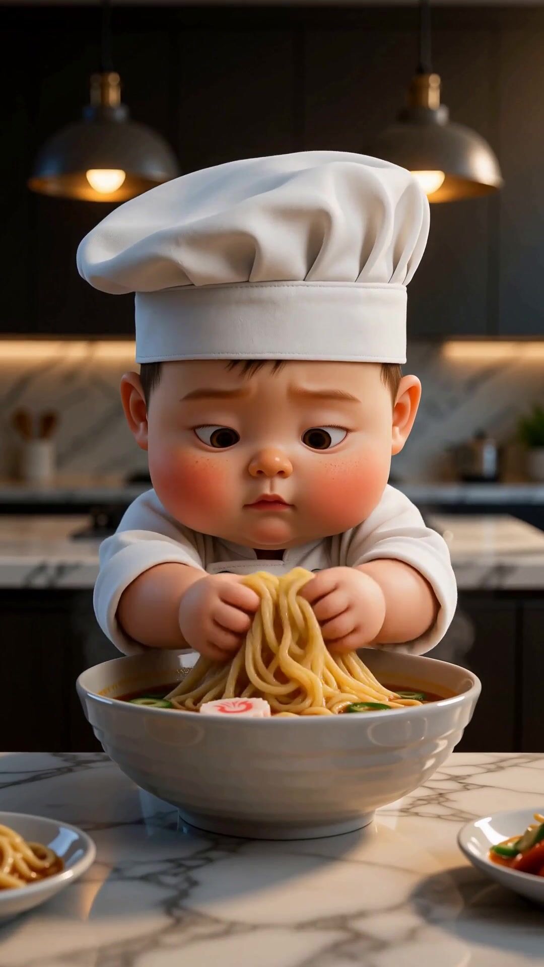 Baby chef and giant ramen noodles