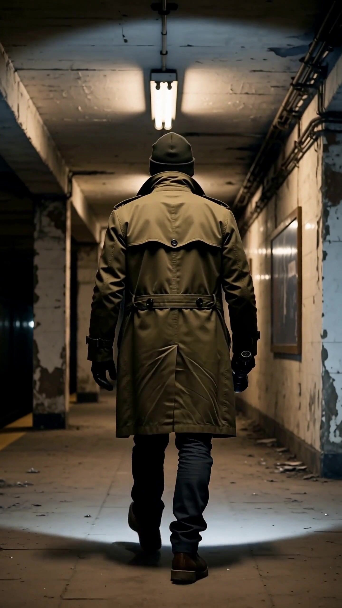 Man in a trench coat walking a tunnel