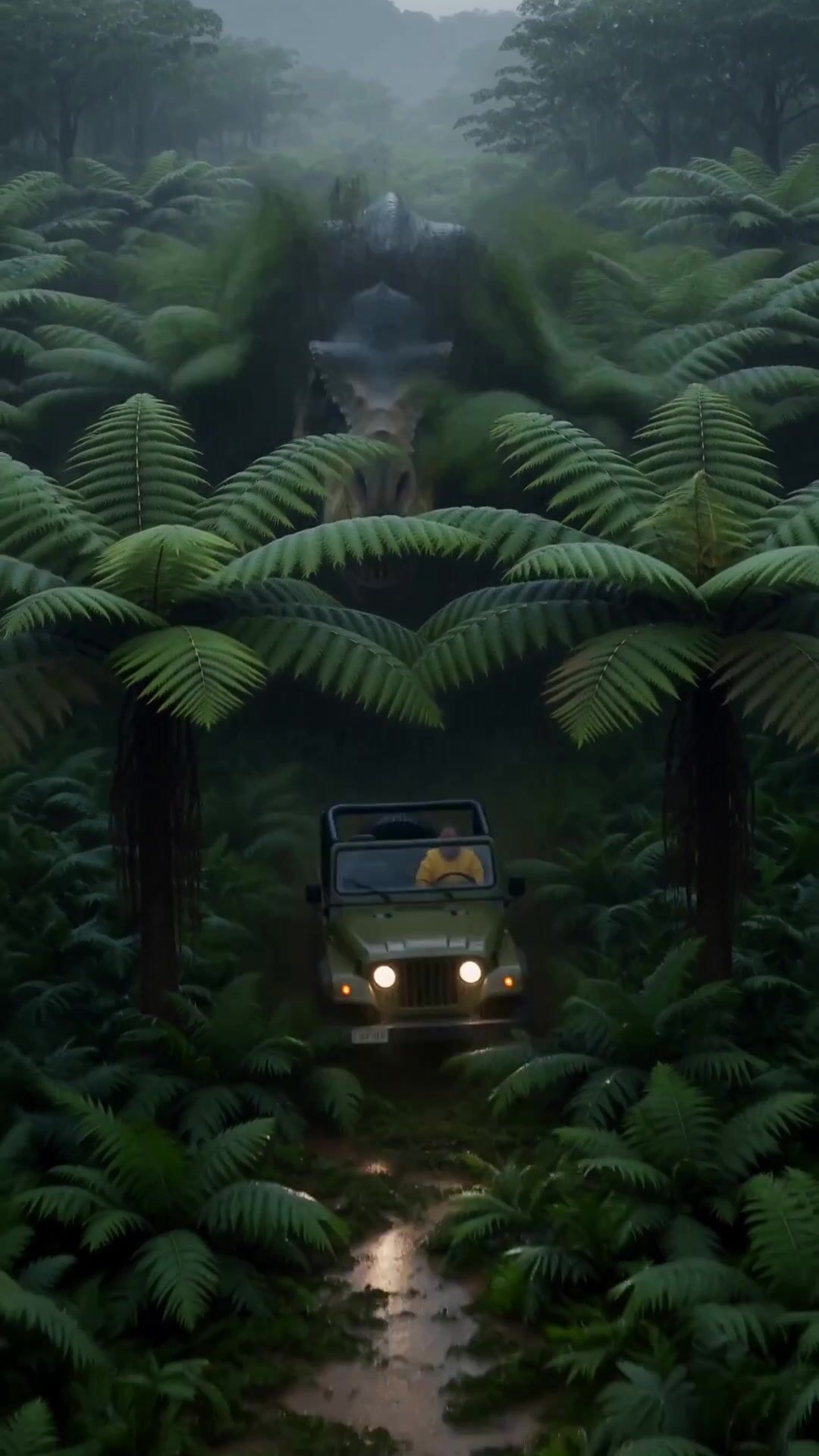 T. rex chasing a jeep in the rain