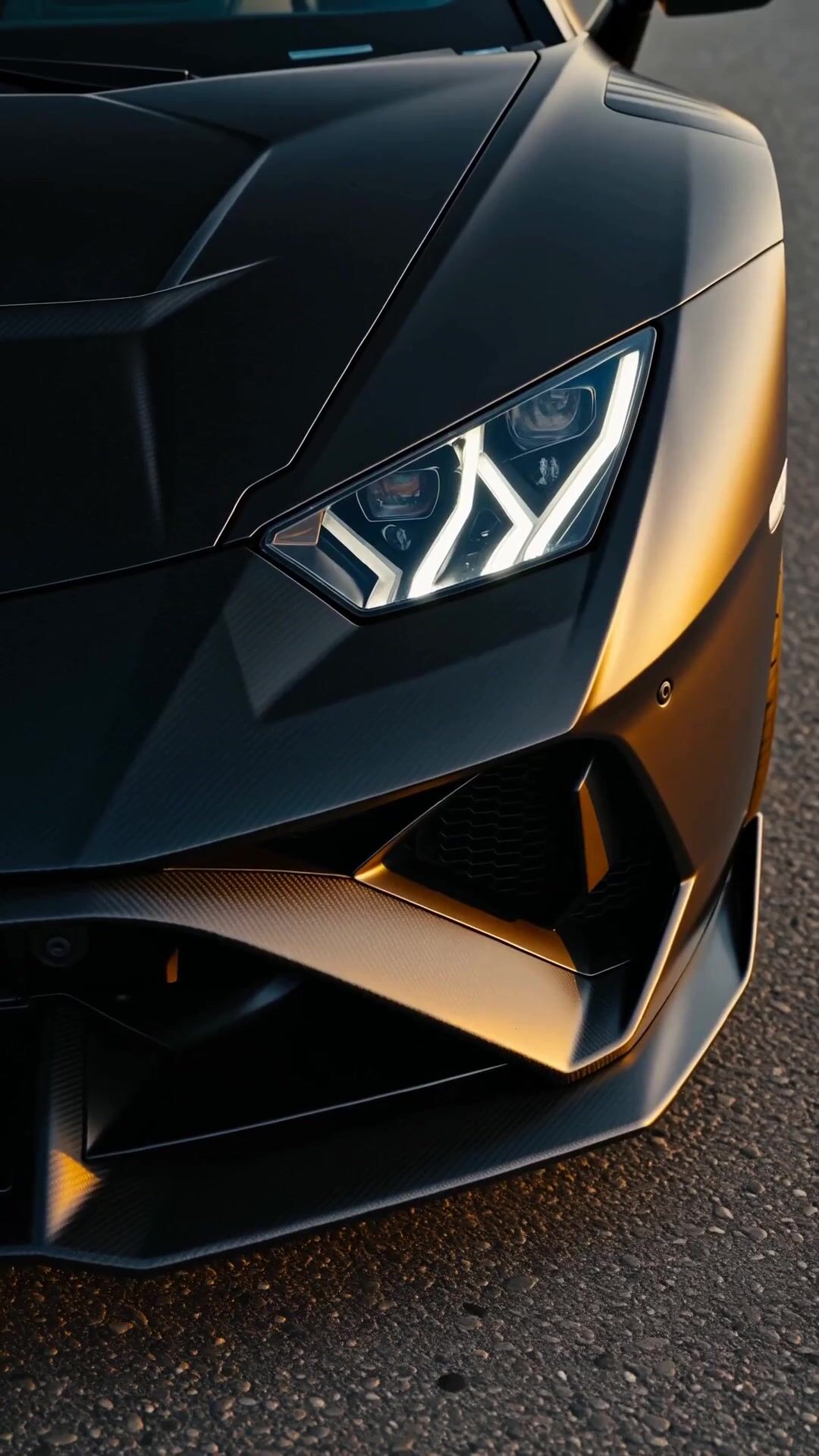 Matte black supercar at golden hour