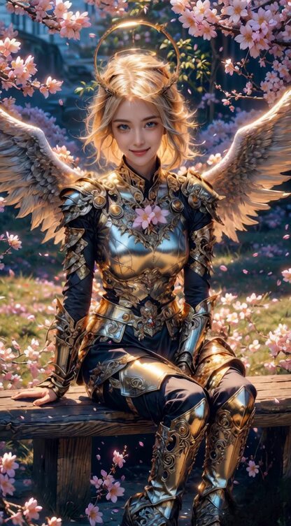Angel Warrior in Cherry Blossom Garden Video Prompt