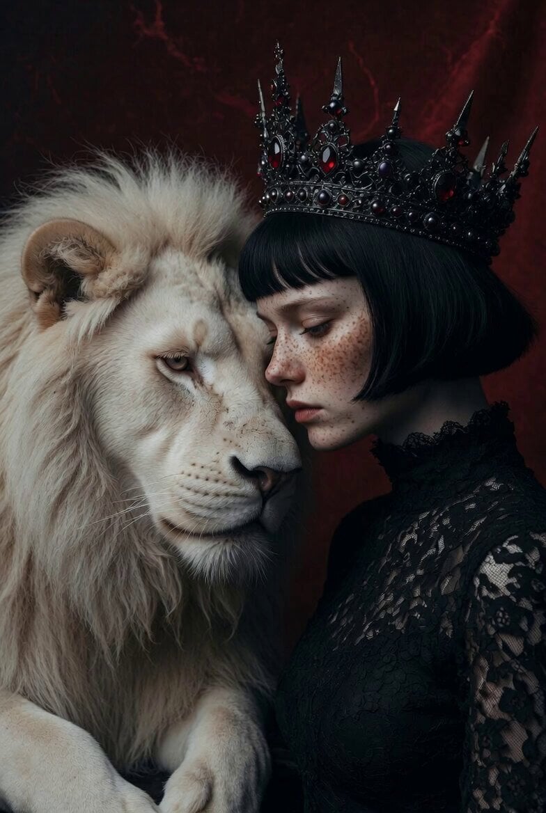 Gothic Woman and Albino Lion Portrait