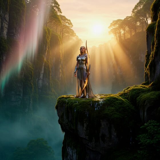 Epic fantasy dawn with elven archer