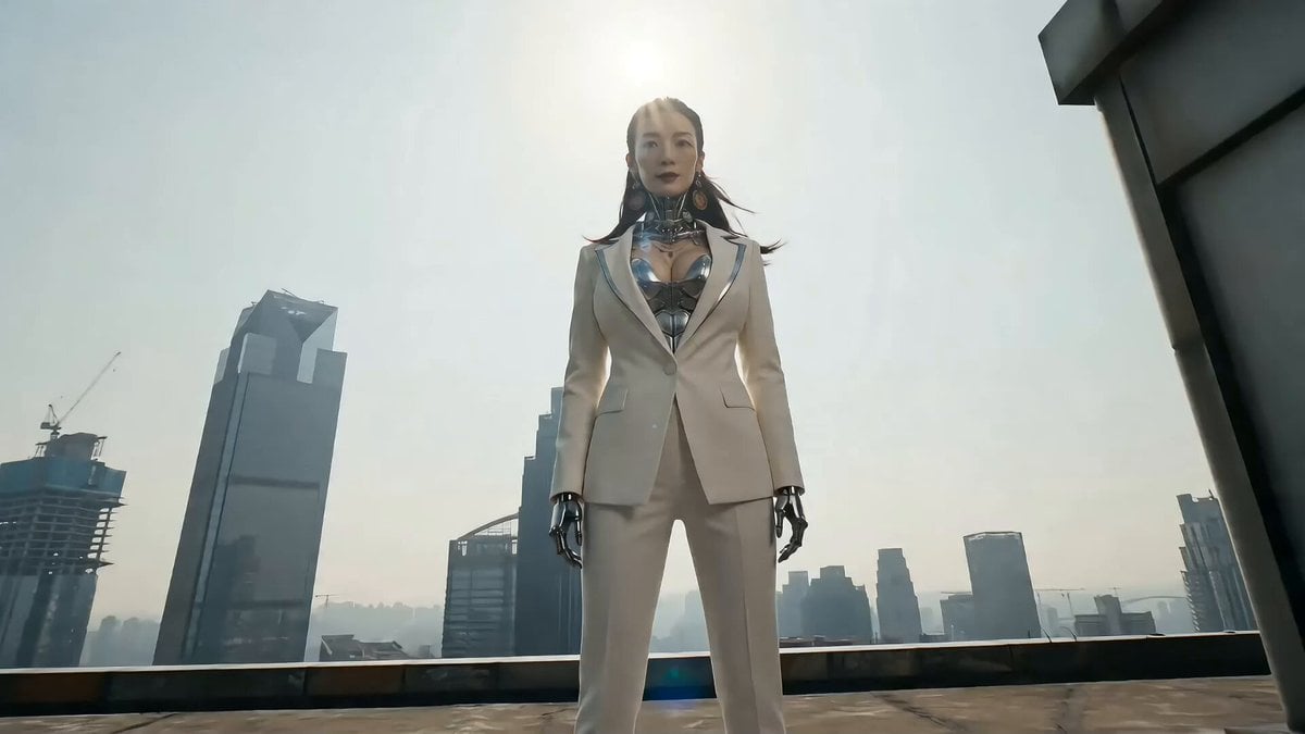 Cyberpunk Action Sequence: Elegant Female Agent Jumps from Skyscraper to Moving Car