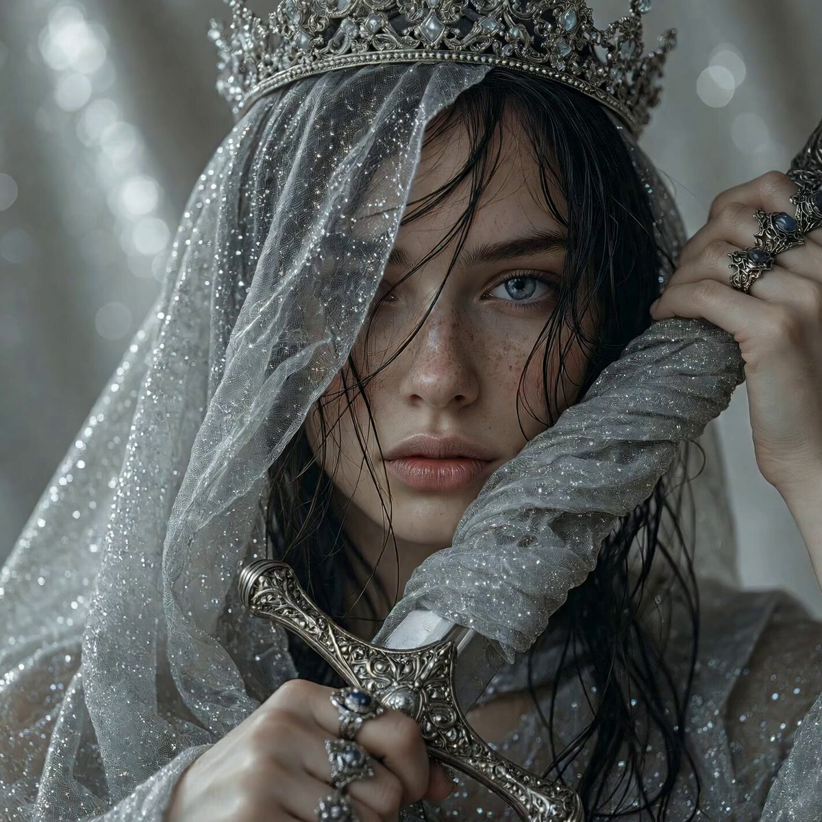 Medieval Woman with Silver Veil and Sword