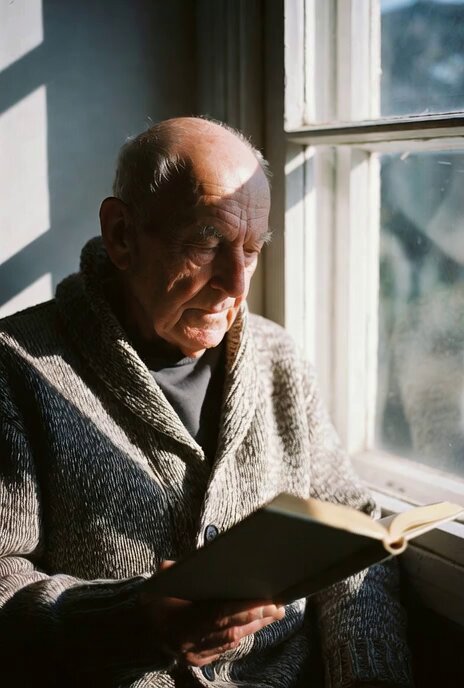 Contemplative video generation prompt: Man staring out a window