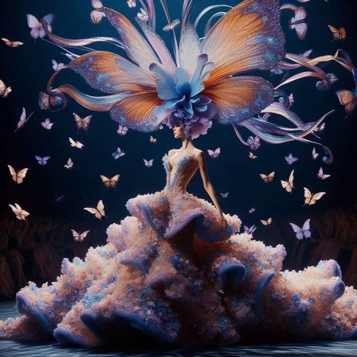 Surreal high-fashion fantasy portrait of a butterfly goddess