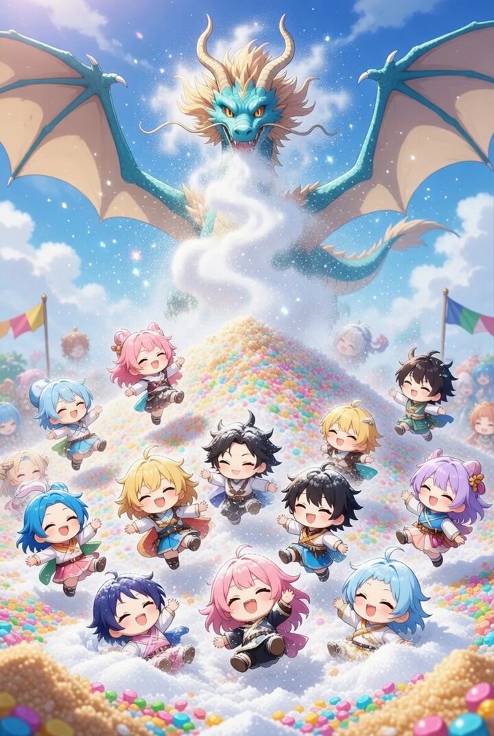 Parade ending in a sugar pile with a flying dragon