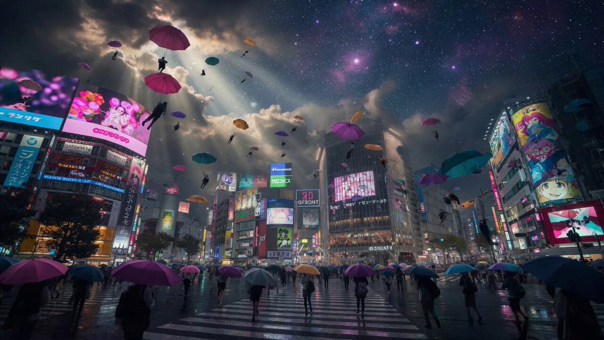 Floating Umbrellas Shibuya Crossing