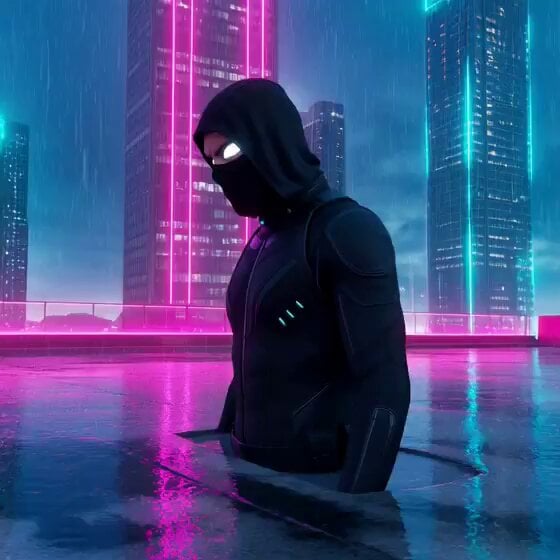 Cyber-Ninja Teleport in Rain-Soaked Neon City