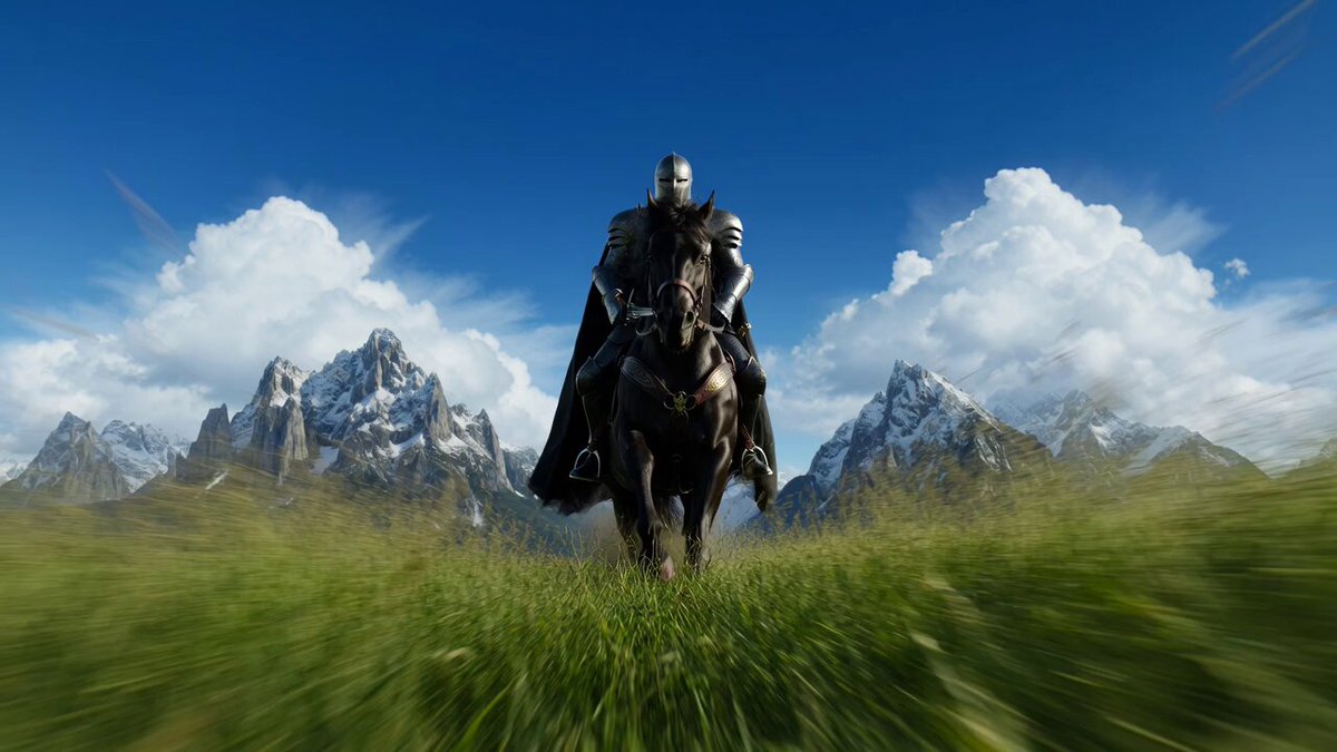 Dramatic low-angle cinematic prompt of a knight charging on a warhorse