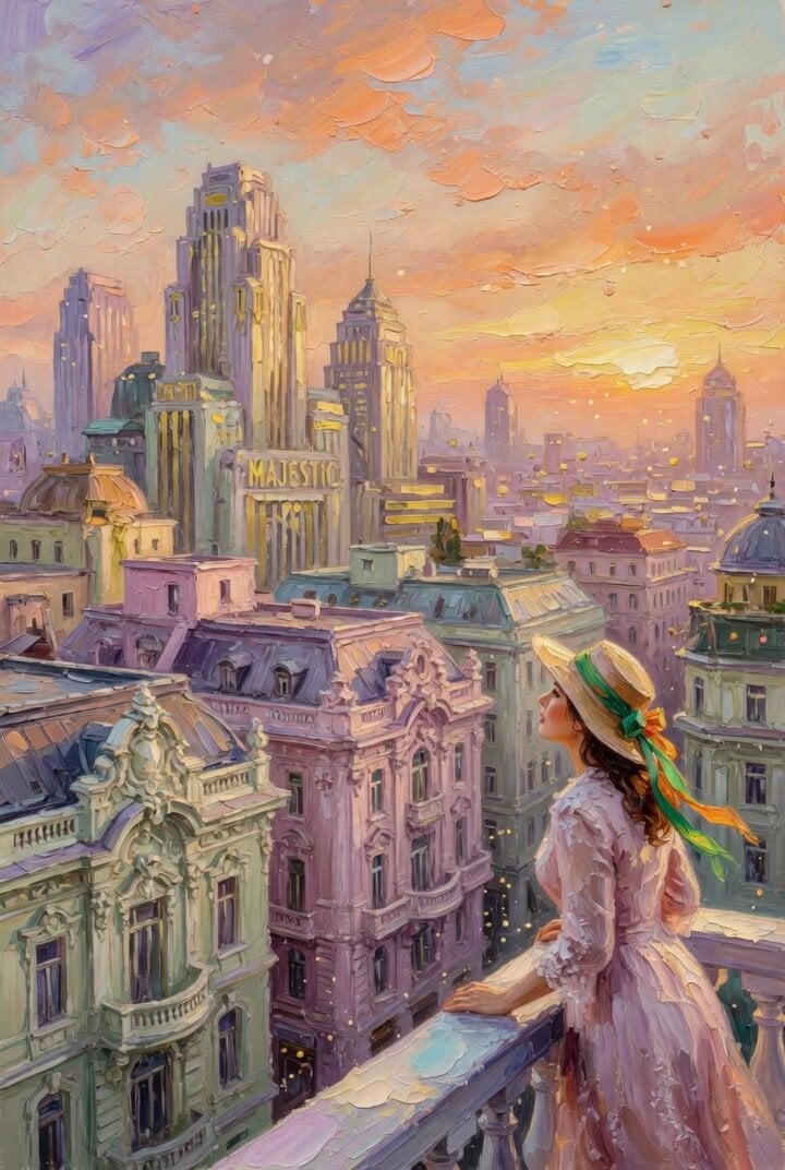 Impasto Oil Painting of a Layered City at Sunrise