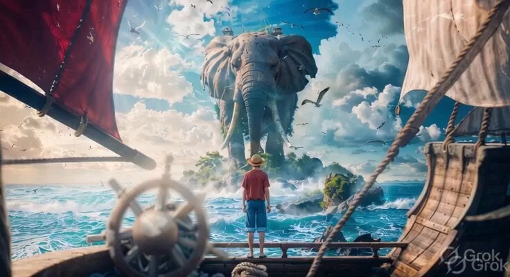 Lone Ship and Island Elephant