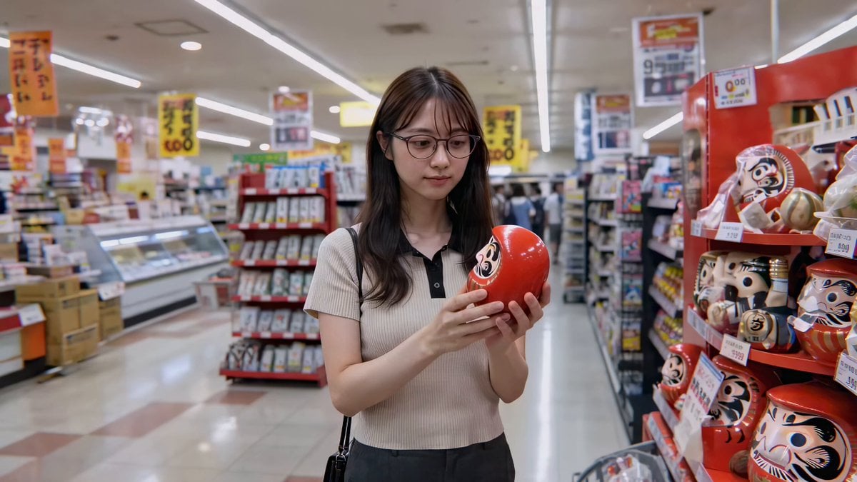 Cute Character and Daruma Doll Interaction