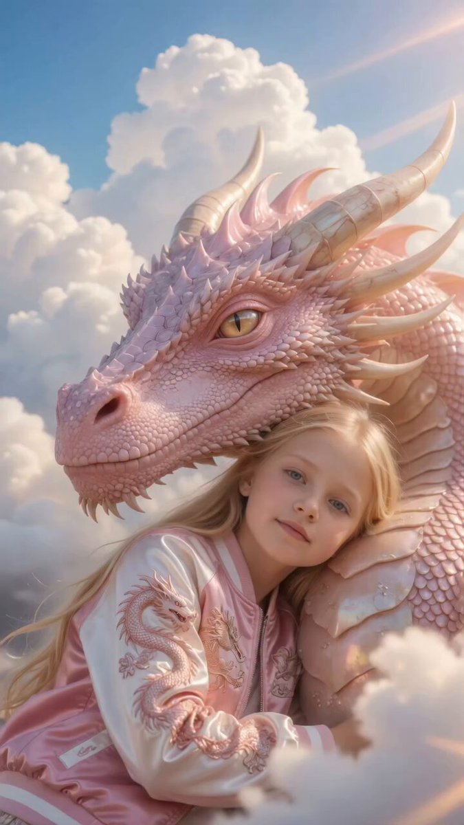 Girl hugging pink dragon