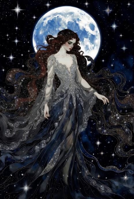 Woman floating down, opening eyes and looking deeply into the viewer's eyes