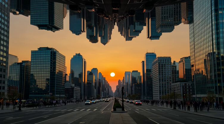 Grok Imagine prompt: A second city hangs upside down above a real one