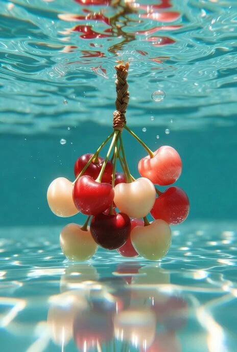 Cherries hanging underwater
