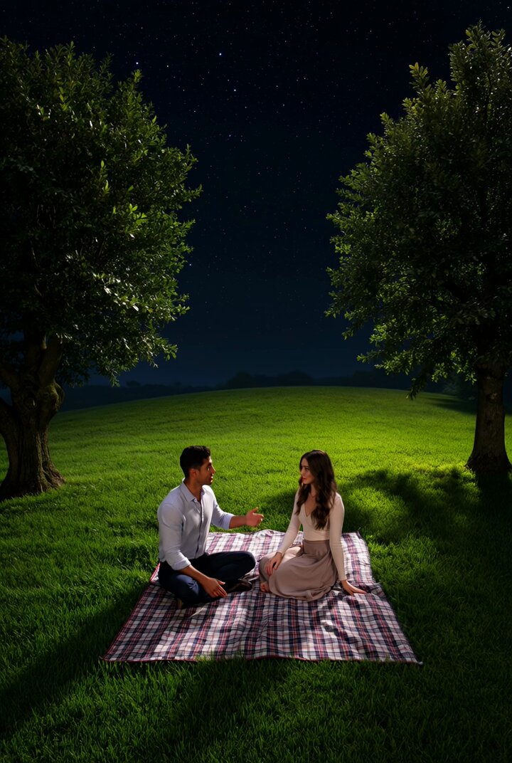 Couple watching shooting stars on a hill