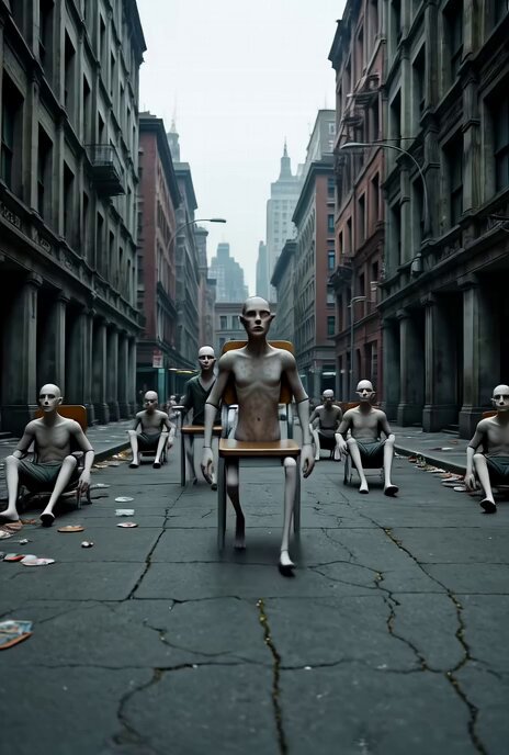 Grok Imagine prompt: Dystopia of living chairs