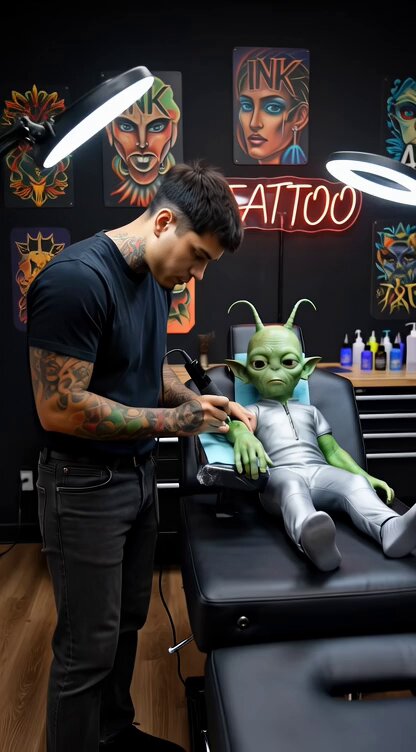 Tattoo shop with an alien client
