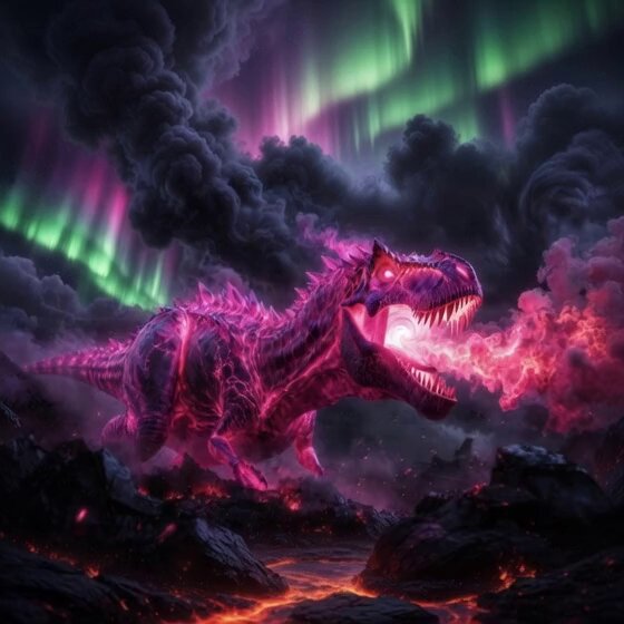Colossal pink Tyrannosaurus Rex infused with ancient magic