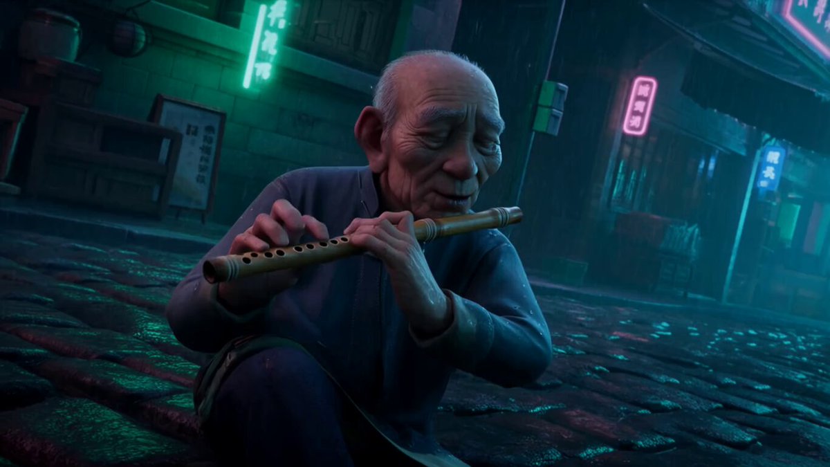 Cultural Contrast: Flute Player in Cyberpunk Alley