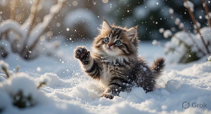 Fluffy Kitten Playing in Snow