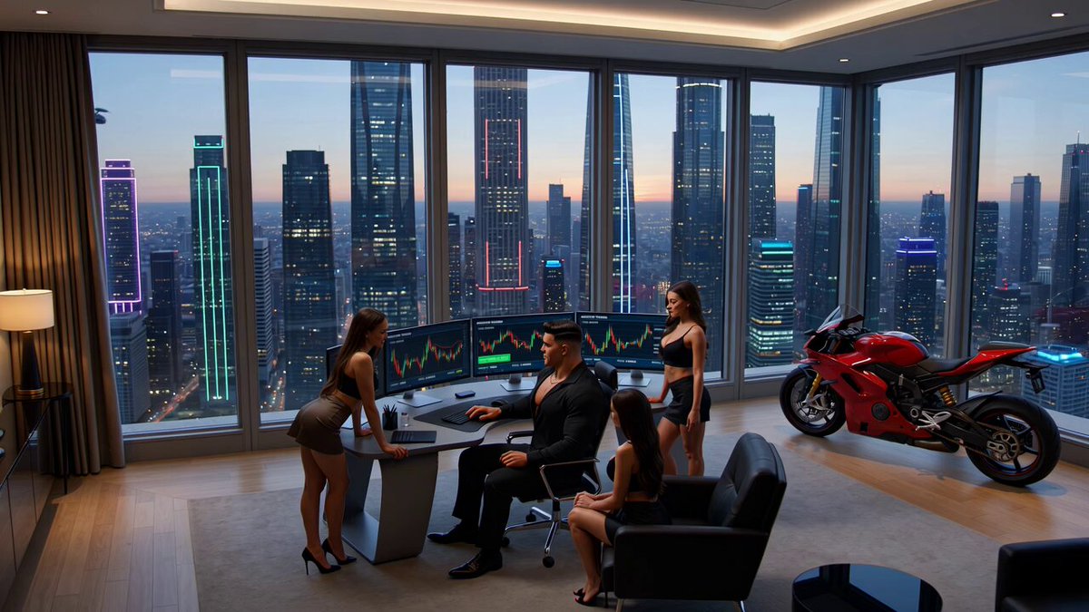 Crypto memecoin degen trading in a cyberpunk high-rise bachelor pad