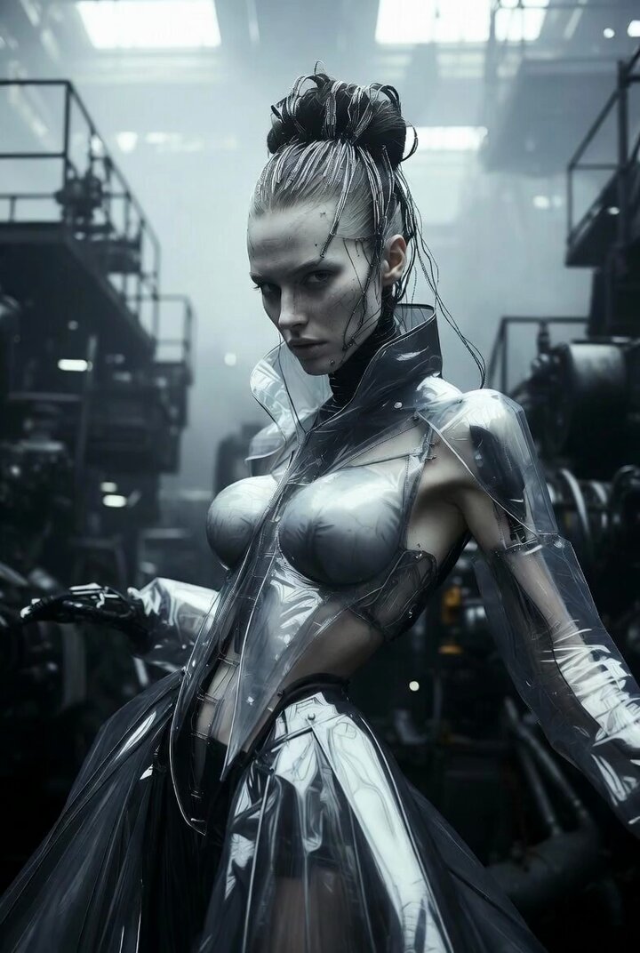 Futuristic cyberpunk female model in avant-garde fashion