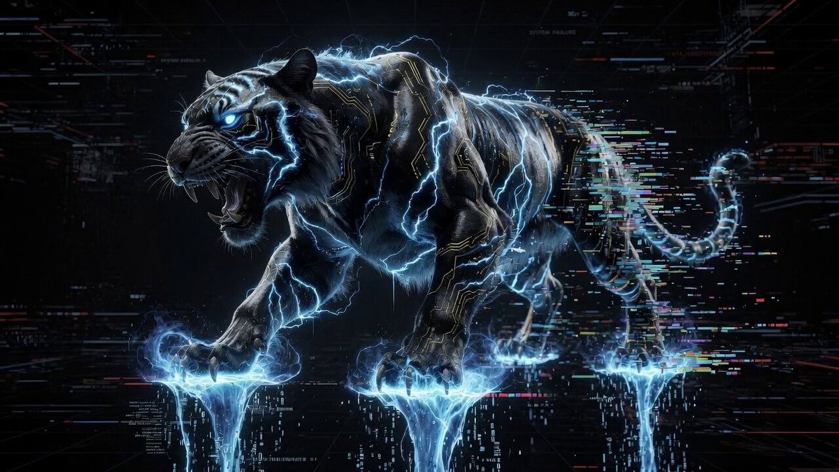 Hyper-realistic cyberpunk glitch art prompt for a massive electric tiger