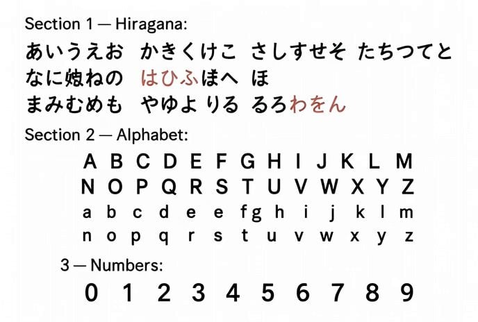 A clean white screen displaying three sections of characters