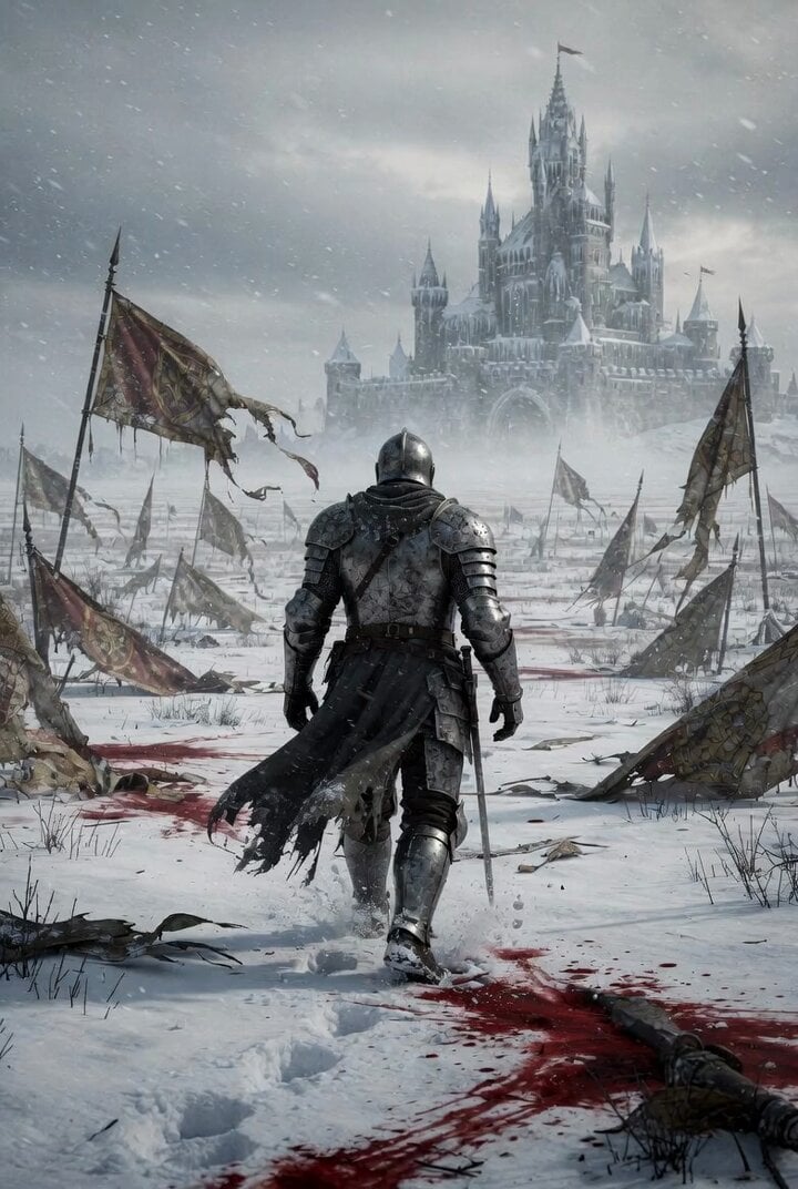 Lone Medieval Knight in Snowy Field Video Prompt