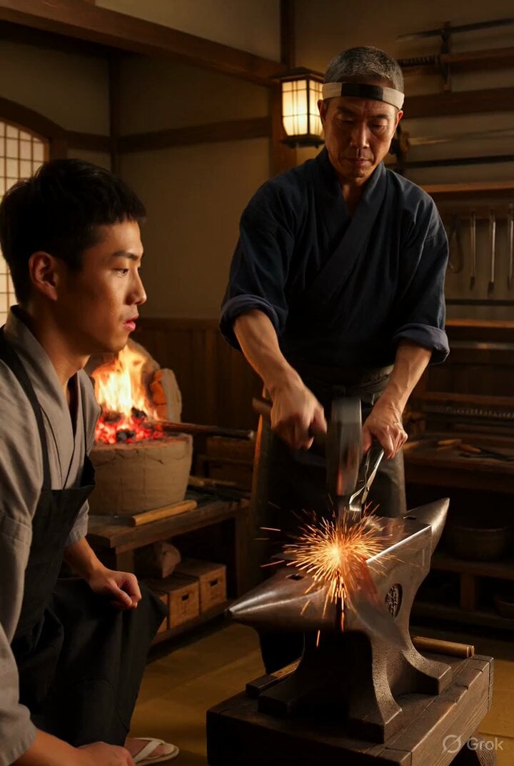 Video prompt for a traditional Japanese katana shop scene
