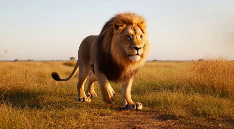 Charging Lion on Burning Savannah