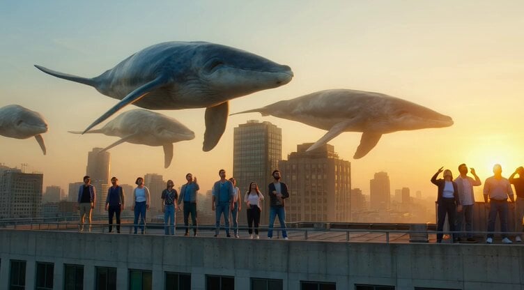 Surreal Cinematic Whales Flying Over a City at Sunrise