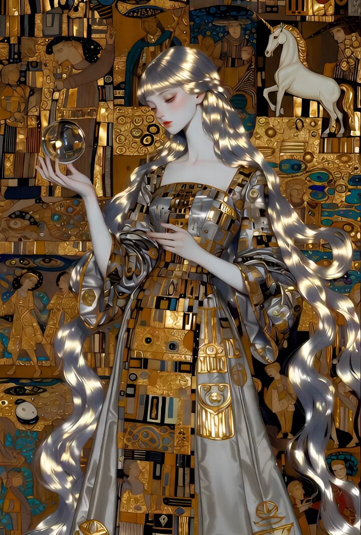 High Voltage Klimt style video prompt with medieval elements