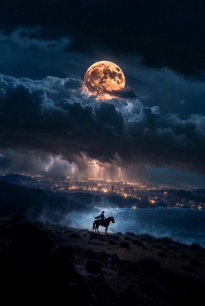 Cinematic night scene with cowgirl and hidden megacity prompt
