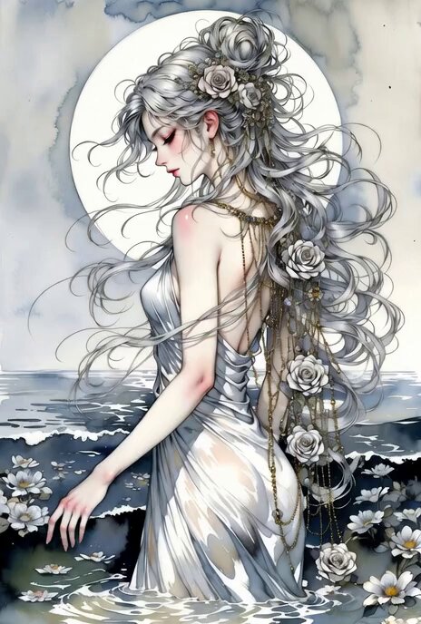 Video Prompt for Serene Goddess by the Moonlit Sea
