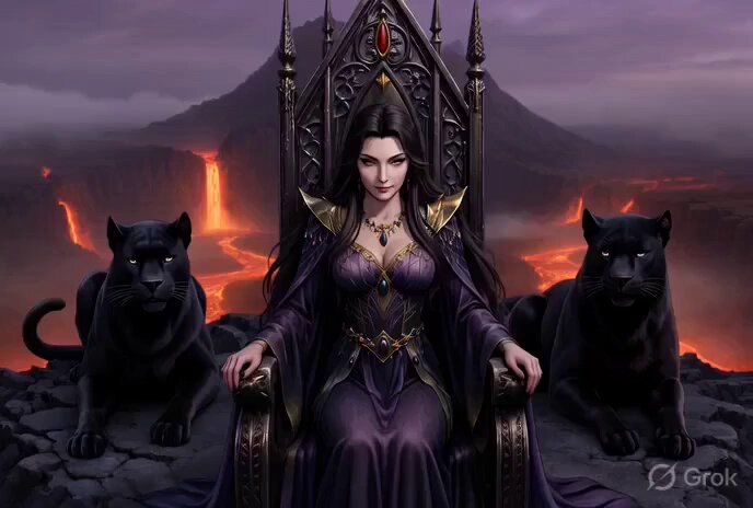 Grok Imagine Video Prompt: Conan-esque Queen on a Volcano Throne