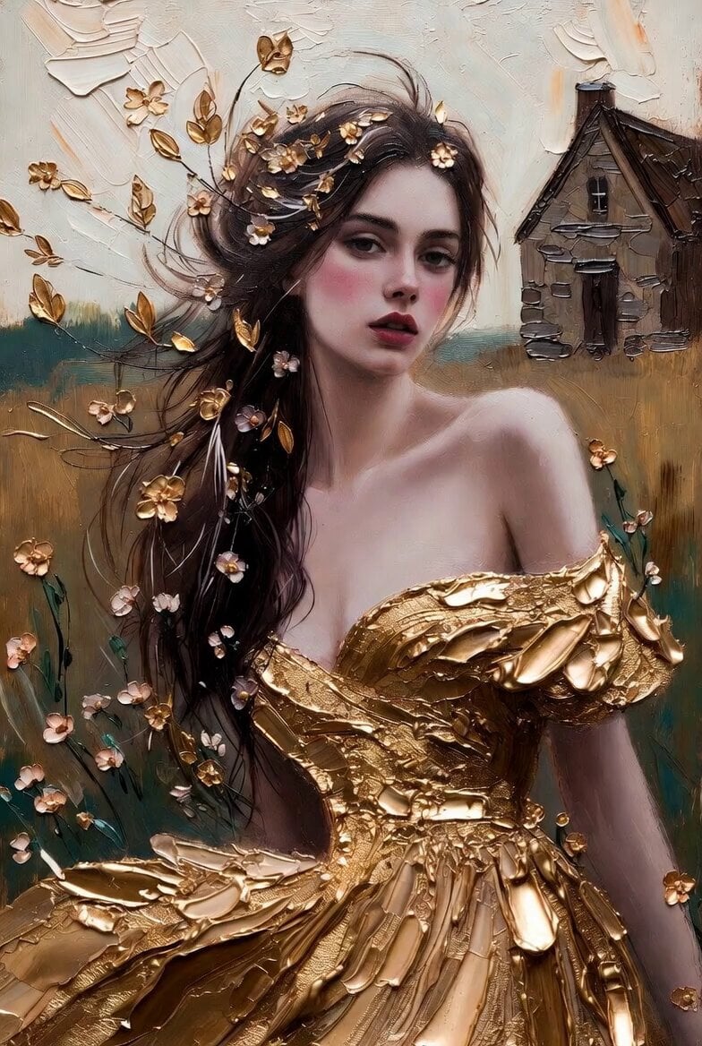 Ethereal Woman in Golden Impasto Gown
