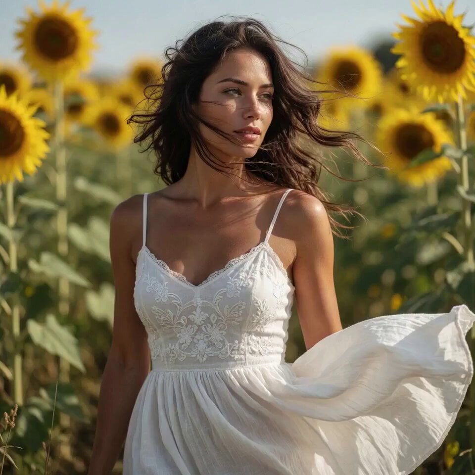 Woman Walking in Sunflowers