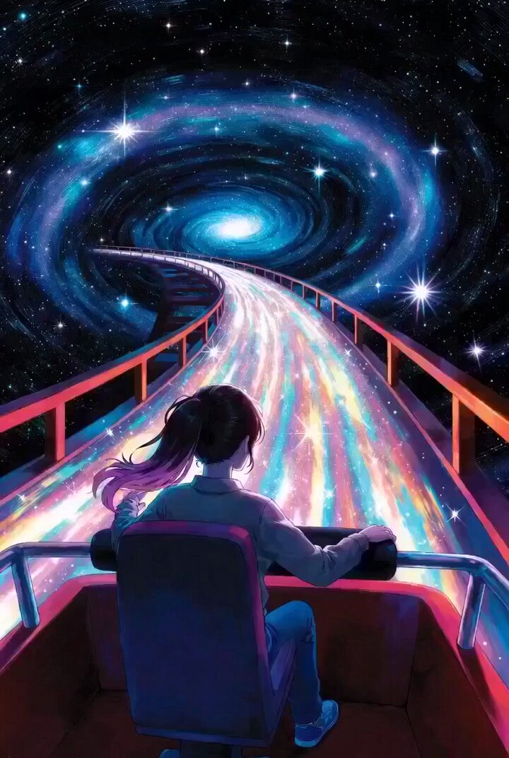 Girl on Roller Coaster Traveling Galaxy Video Prompt